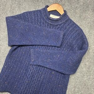 VTG Highland Home Wool Mock Neck Fisherman Sweater Lg Blue Cable Knit Scotland